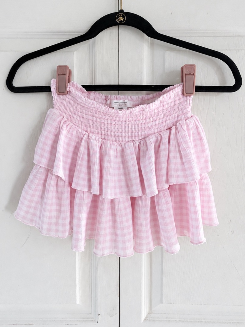 Girls Light Pink Gingham Tiered Smocked Skirt